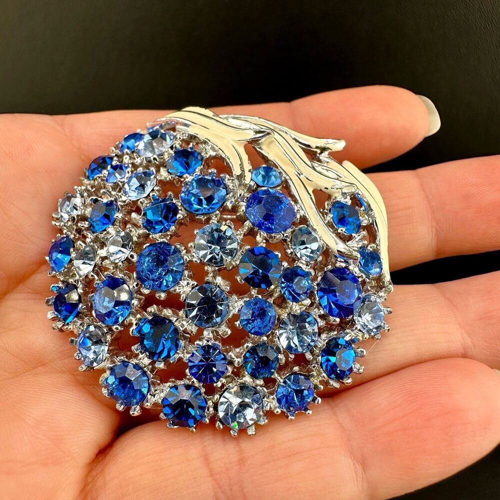 Vintage Rhinestone Enamel Brooch Shades of Blue Silver Tone Back Signed ART